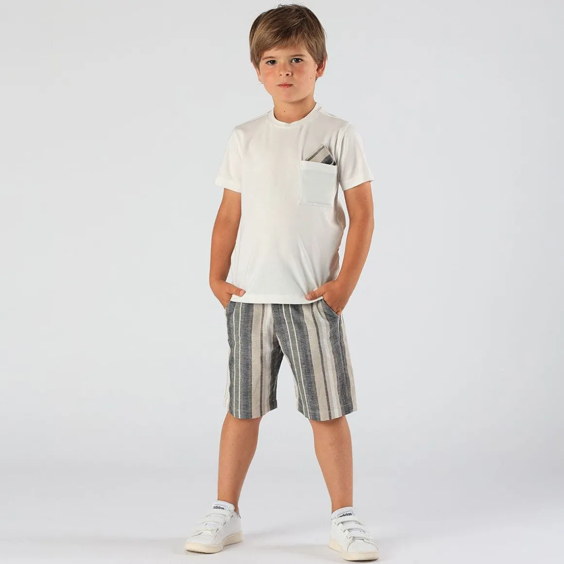 Bermuda da bambino in misto lino rigato