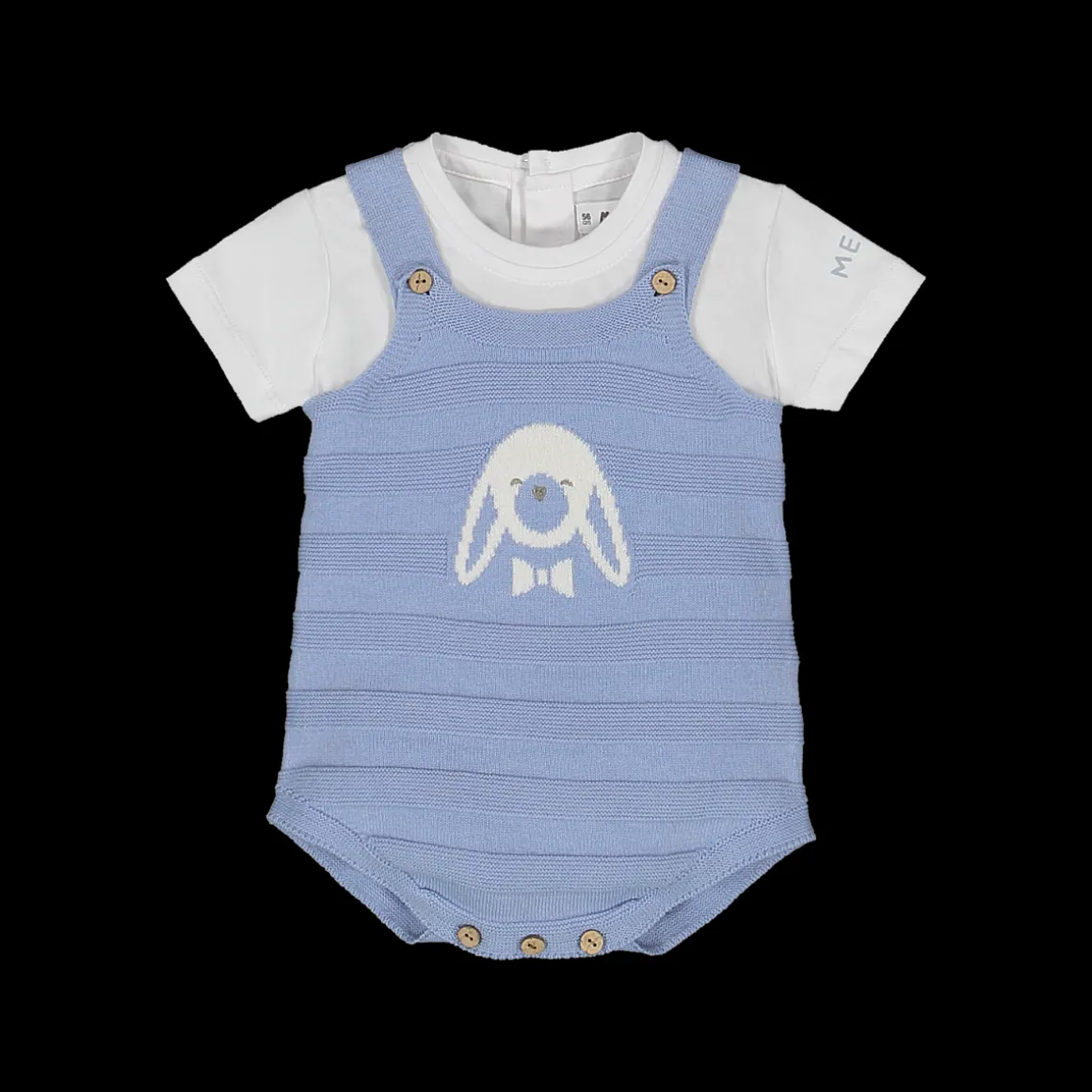 Completo 2 pezzi salopette corta in tricot + t-shirt in jersey per neonato
