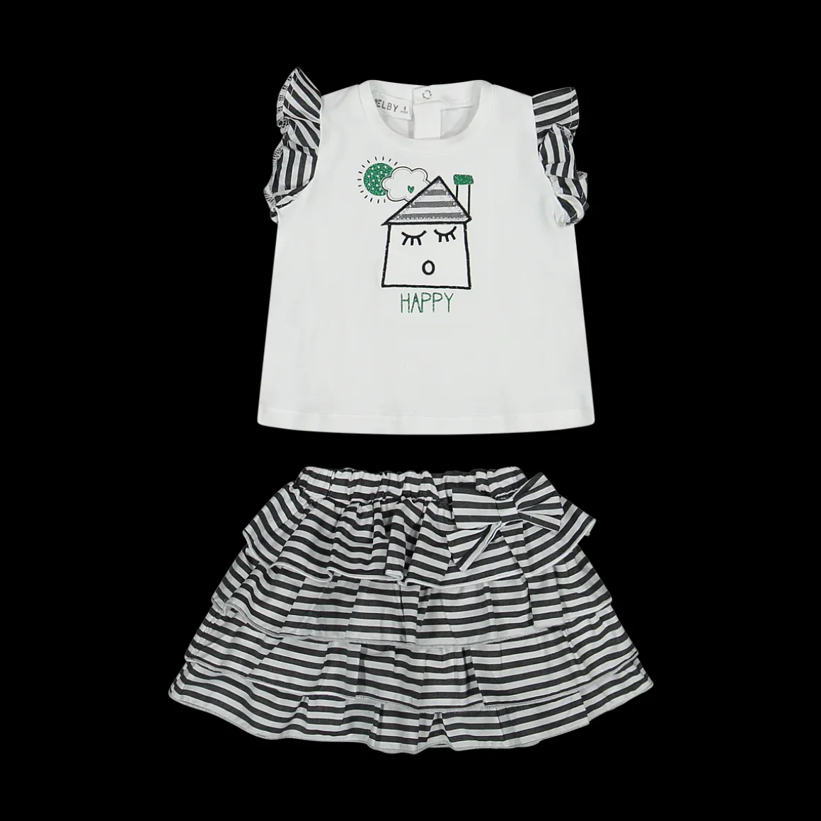 Completo due pezzi t-shirt in jersey elasticizzato e gonna tessuto rigato bambina