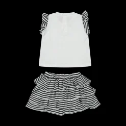 Completo due pezzi t-shirt in jersey elasticizzato e gonna tessuto rigato bambina