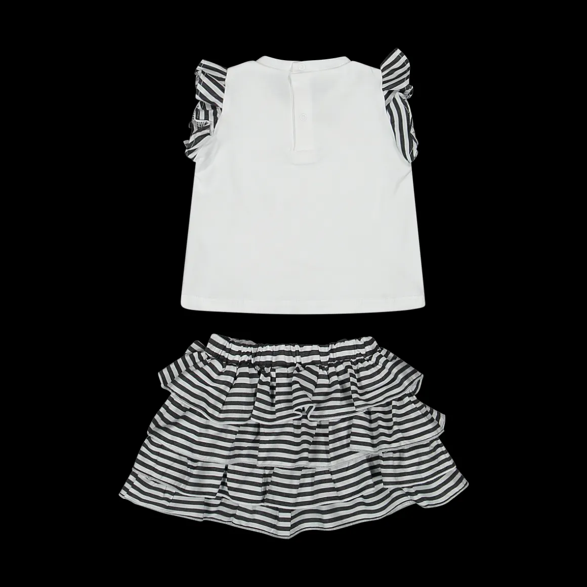 Completo due pezzi t-shirt in jersey elasticizzato e gonna tessuto rigato bambina