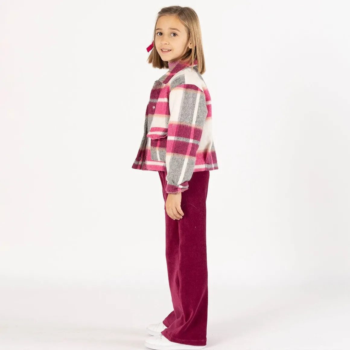 Giacca cropped a quadri per bambina
