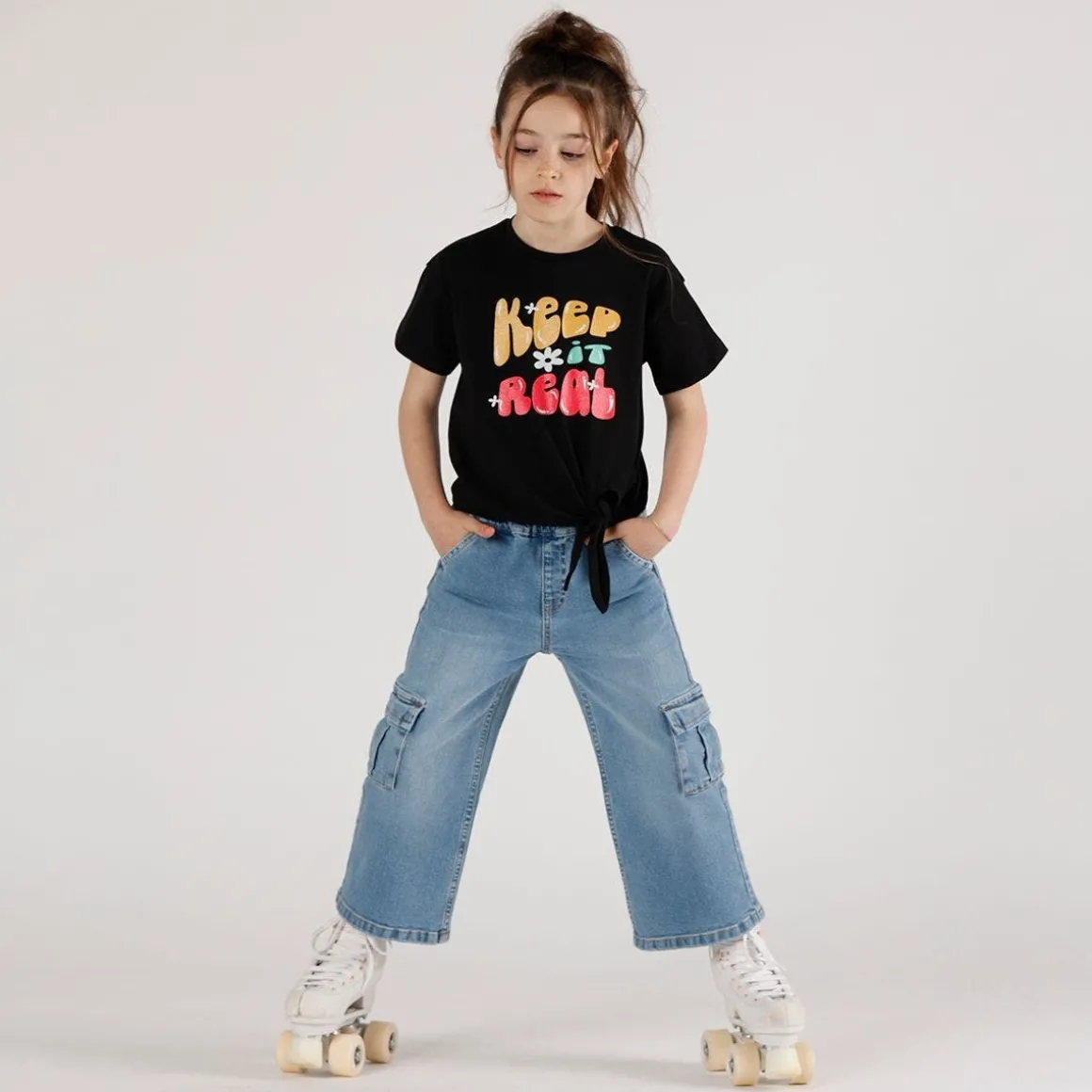 Pantalone cargo in denim bambina