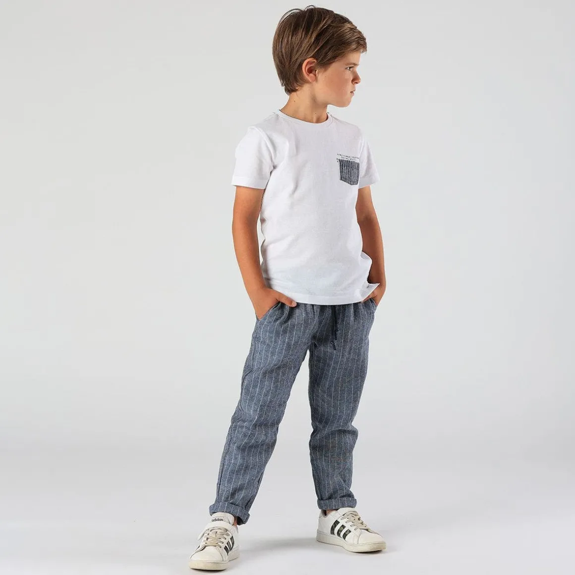 Pantalone lungo da bambino in gessato misto lino