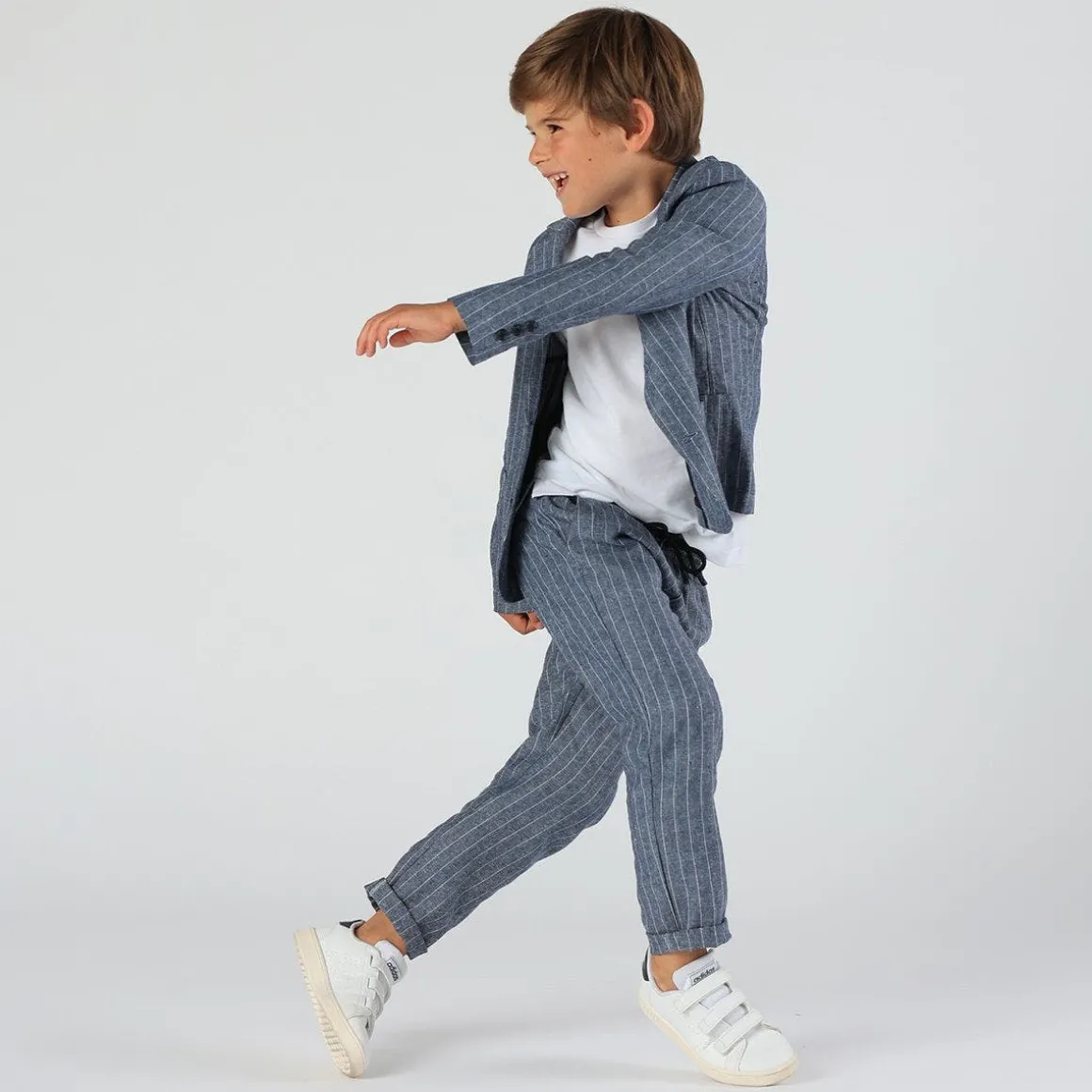 Pantalone lungo da bambino in gessato misto lino