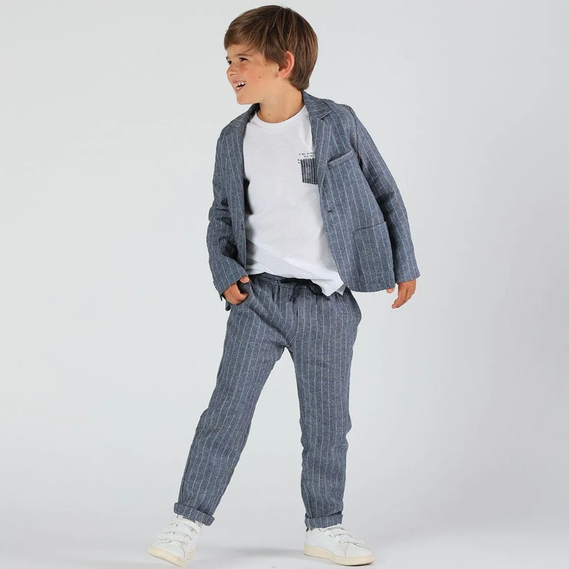 Pantalone lungo da bambino in gessato misto lino